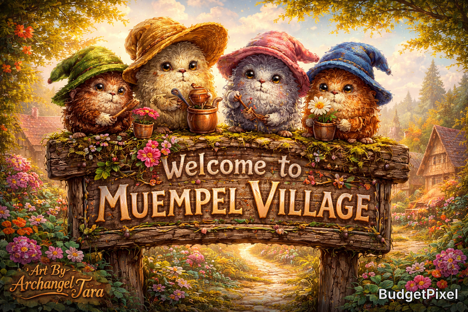 Whimsical sign reading "Welcome to MuempeI Village" with four colorful otters wearing hats perched on a wooden post.