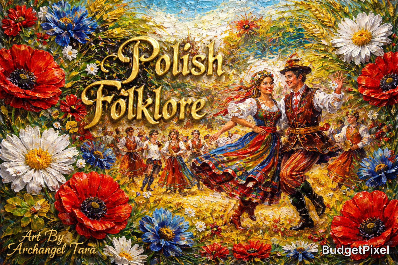 Colorful painting of Polish folklore with dancers in traditional costumes among vibrant flowers.