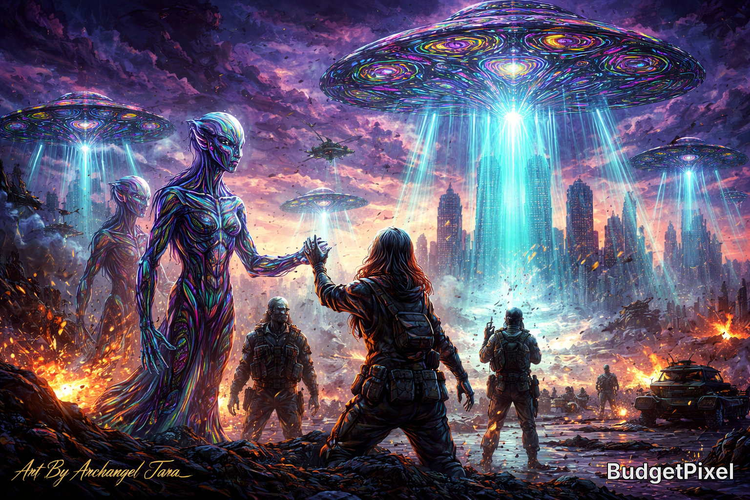 Sci-fi battle scene with glowing aliens, armored humans, and UFOs piercing a ruined neon-lit city.