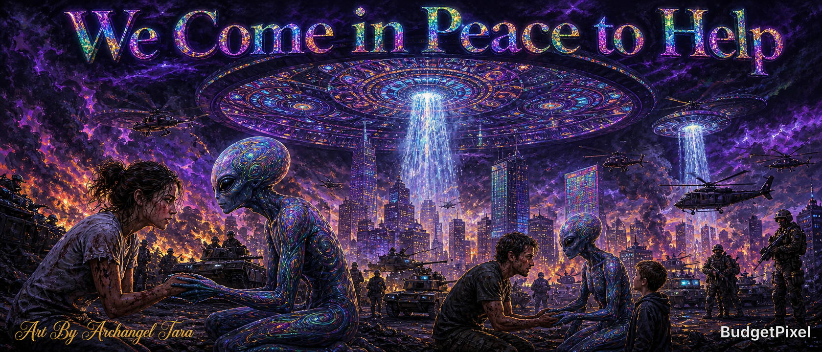Aliens and humans in a ruined city beneath glowing UFOs and a banner reading "We Come in Peace to Help."