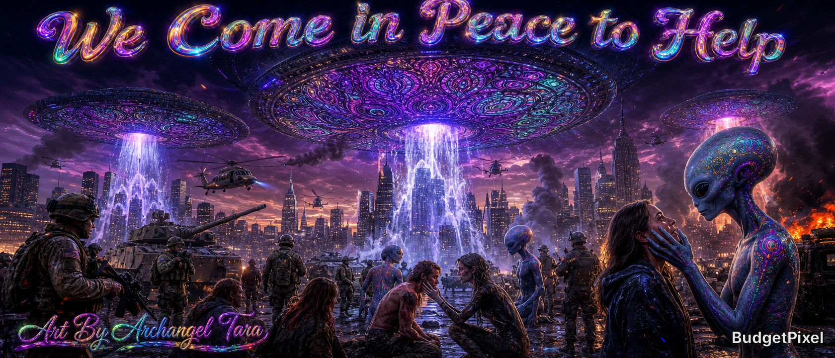 Futuristic city scene with aliens, soldiers, and neon-lit UFOs, beneath the banner “We Come in Peace to Help.”