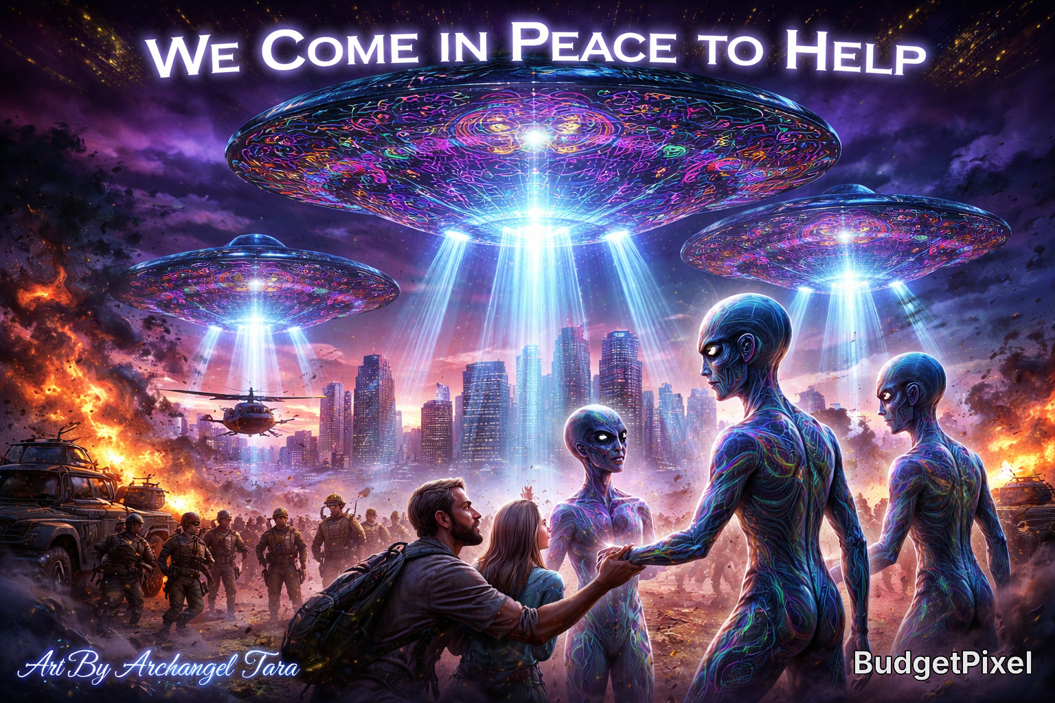 Sci-fi artwork showing aliens and humans in a rescue scene beneath glowing UFOs over a city.