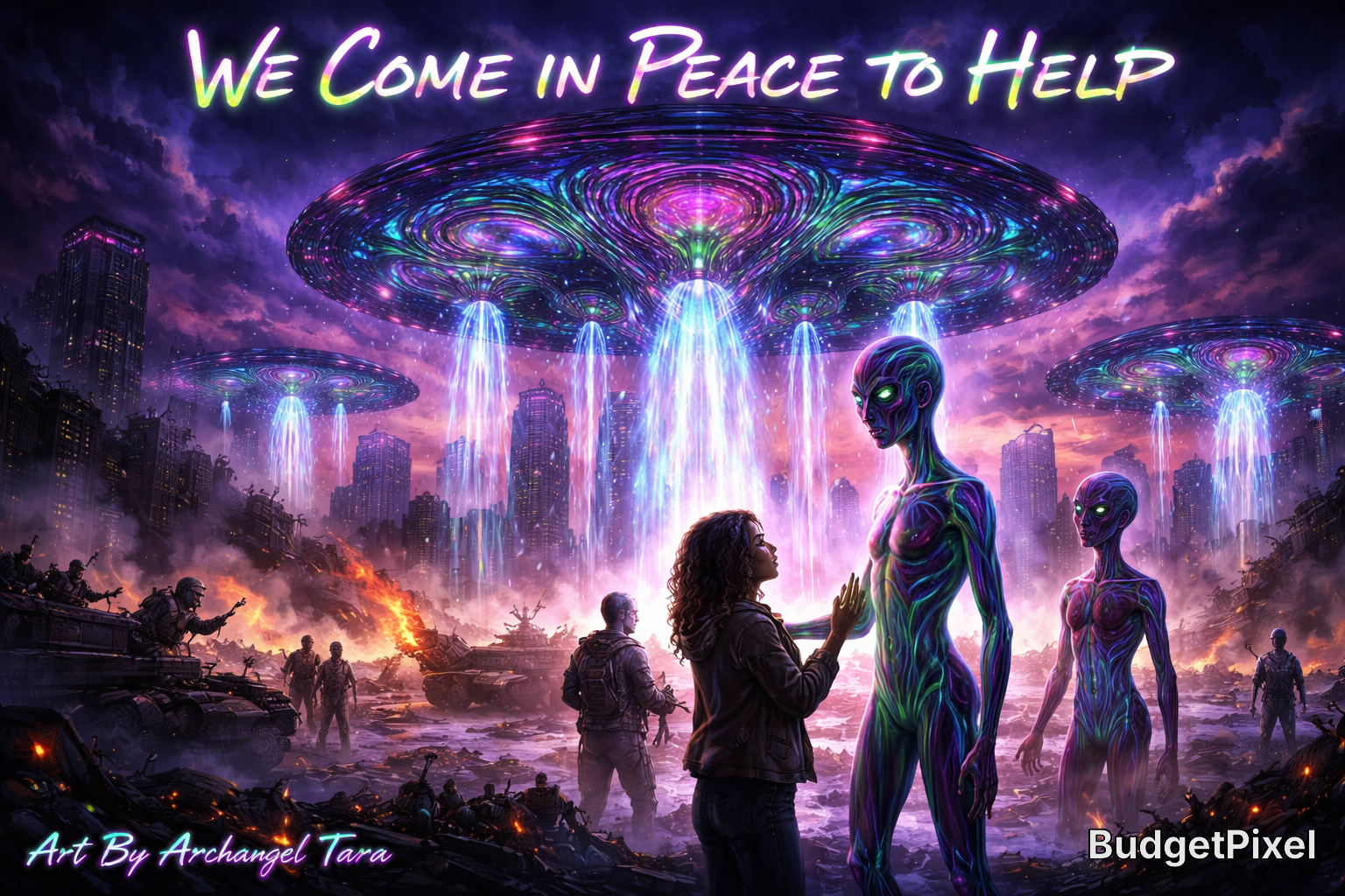 Nighttime sci-fi scene with neon-lit UFOs above a ruined city, humans meet glowing humanoid aliens amid war-torn rubble.