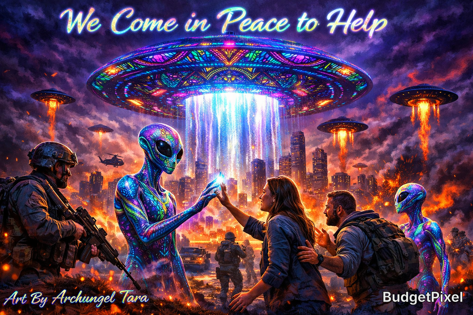 Colorful sci-fi scene of aliens aiding humans as a glowing UFO pours light over a burning city.