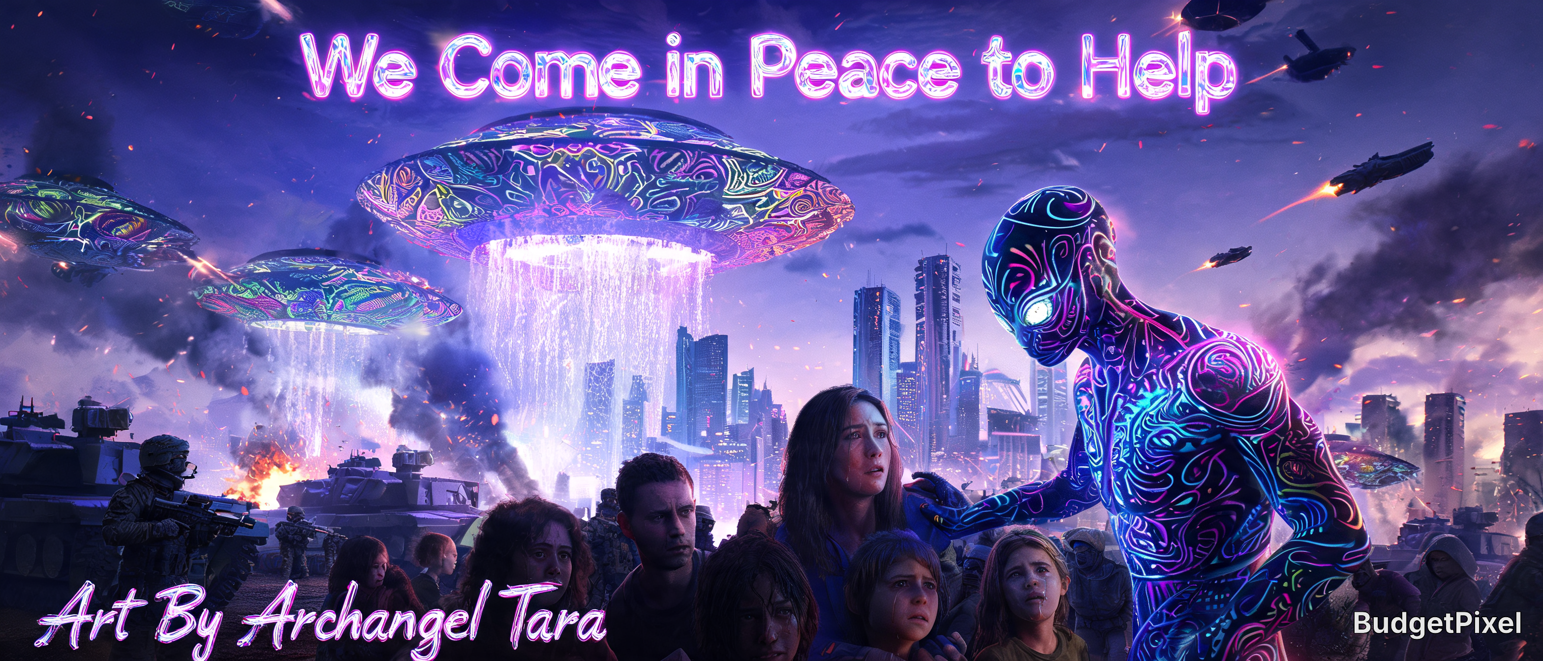 Neon-lit alien figure among a futuristic cityscape and UFOs, with a cheering crowd.