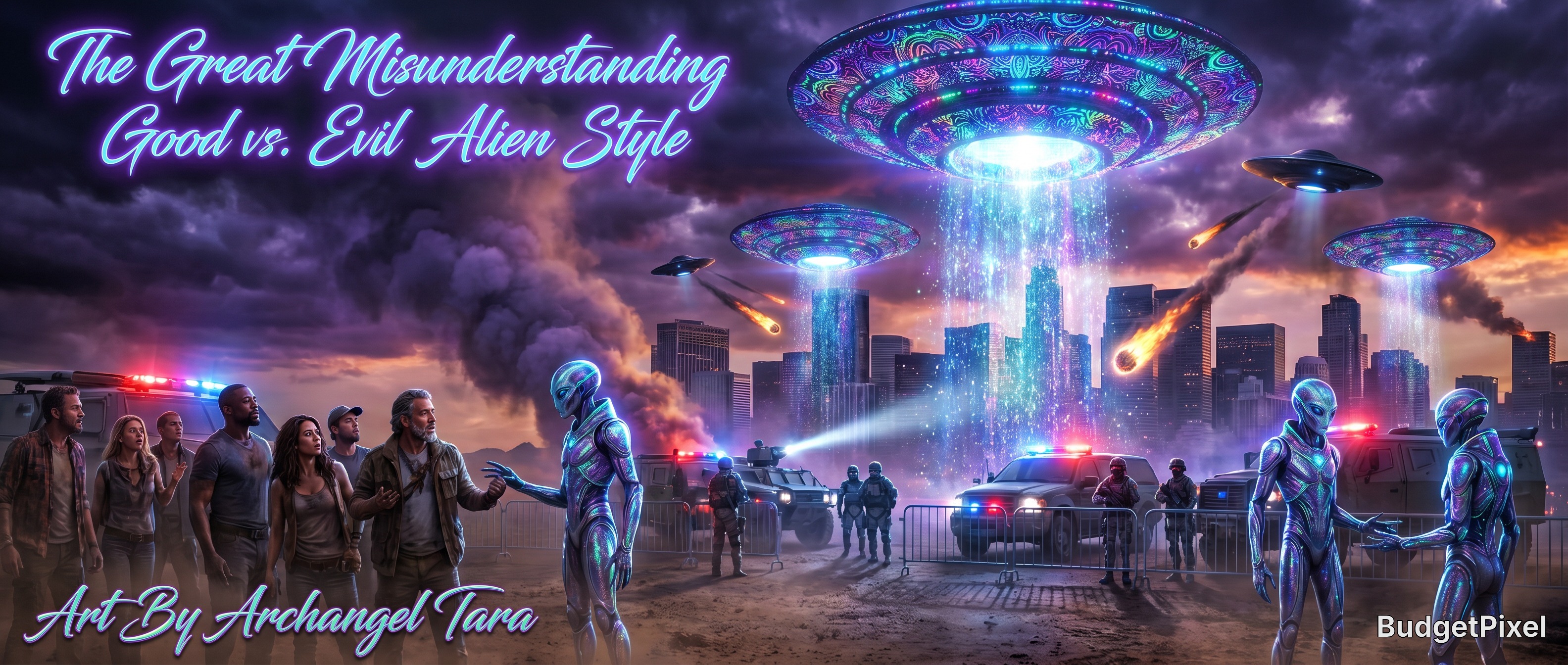 Futuristic alien invasion scene with glowing saucers, police lights, and humans meeting silver-skinned extraterrestrials.