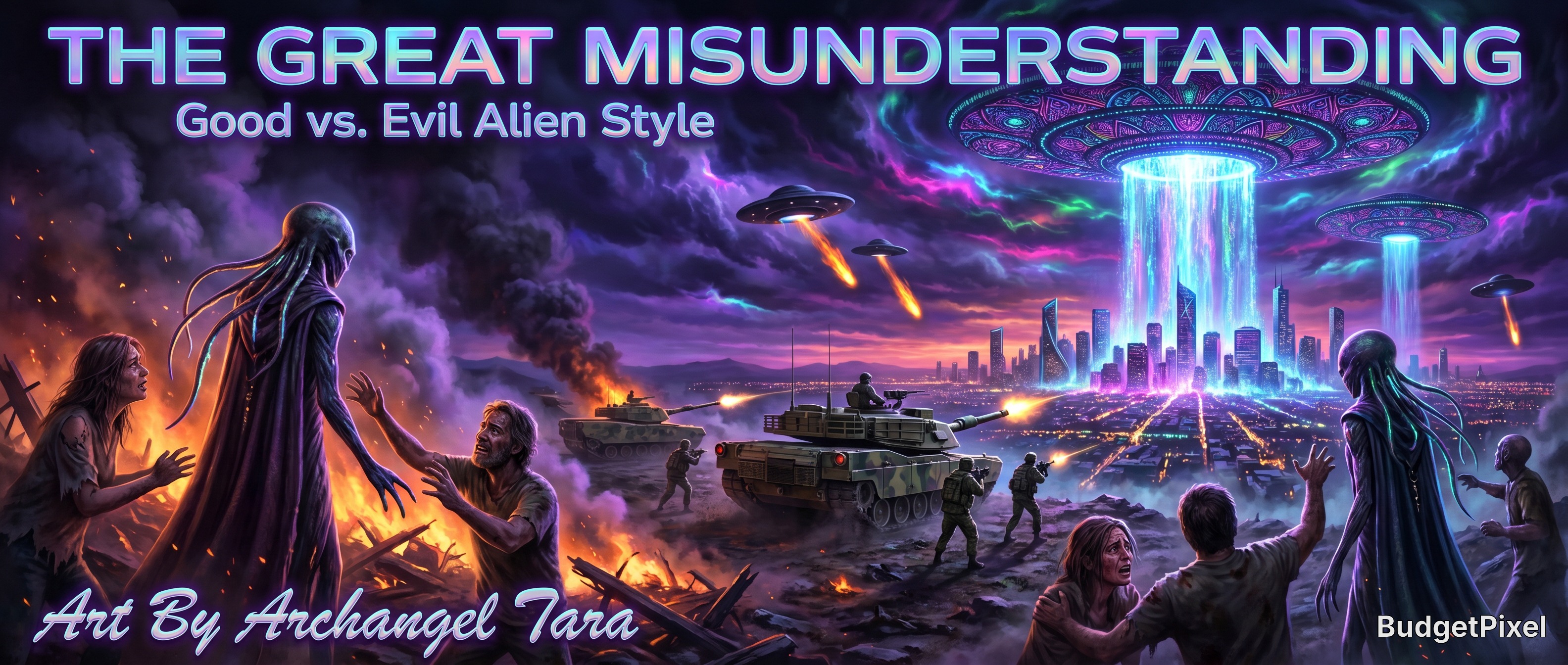 Sci-fi battle scene with aliens, tanks, UFOs, and a neon-lit futuristic city under purple skies.