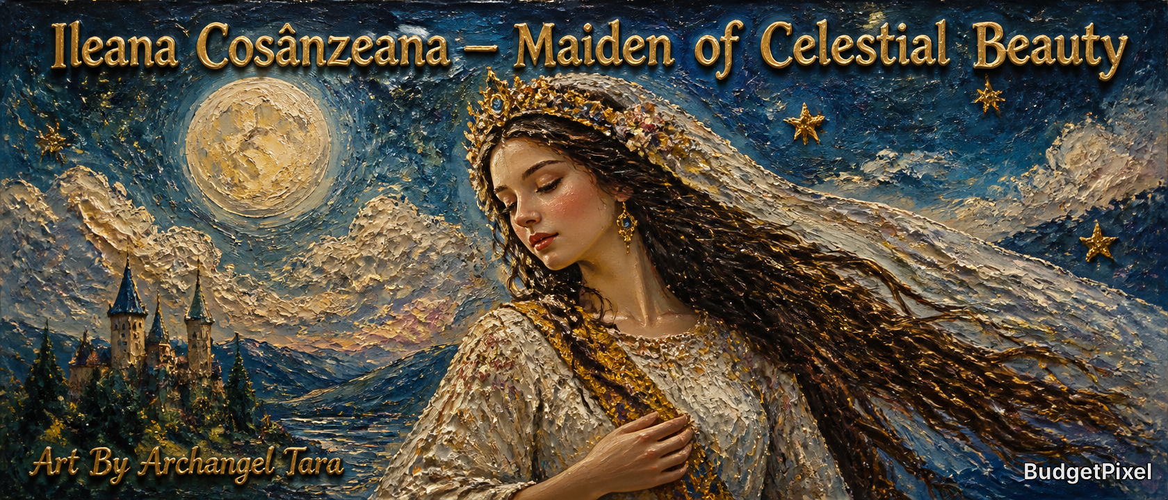 Portrait of a celestial maiden with flowing hair and crown against a moonlit, starry night sky.