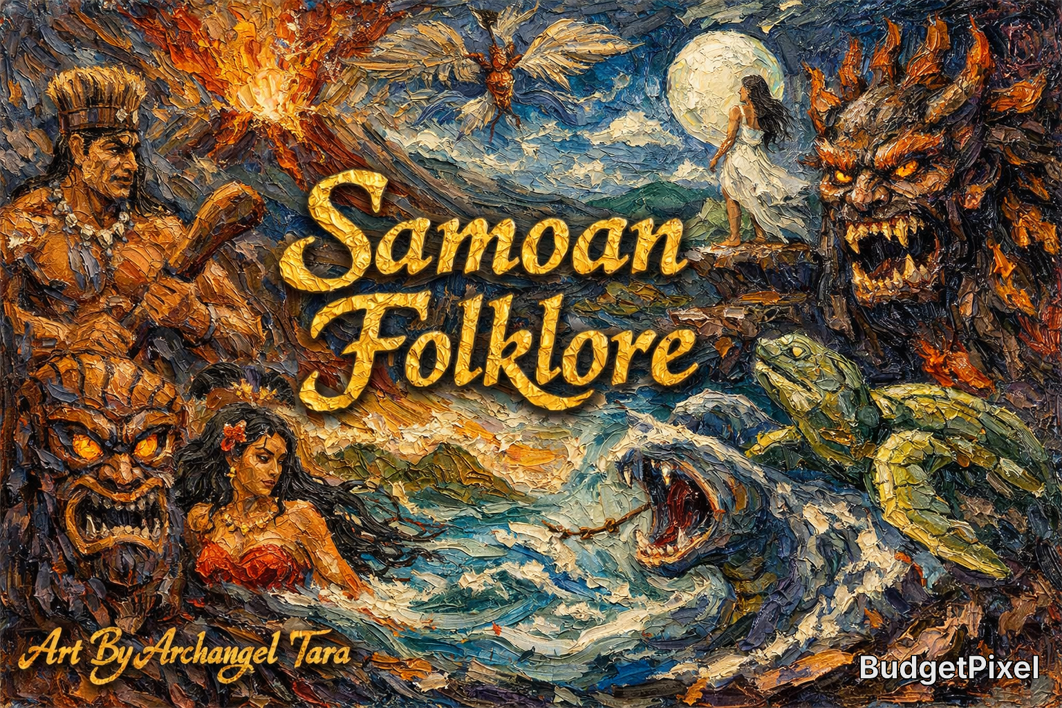 Vibrant Samoan folklore artwork featuring mythical creatures, a woman by the sea, and fierce tiki monsters under a full moon.