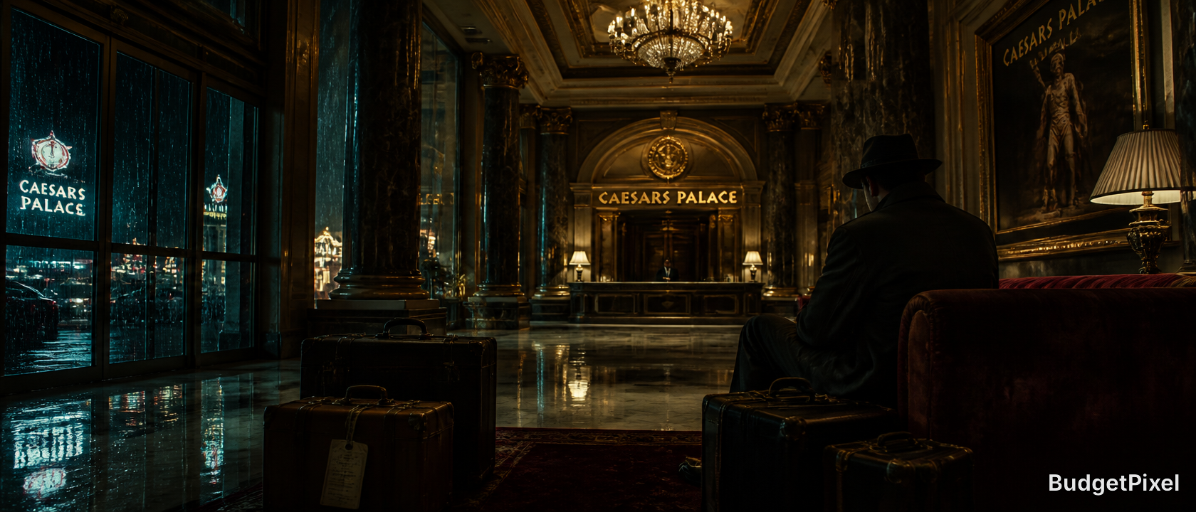 Dim luxurious Caesars Palace lobby with a man in a suit and hat sitting among vintage suitcases.
