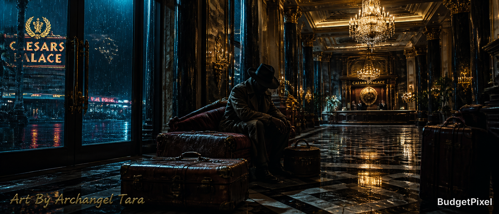 A moody casino hotel lobby at Caesars Palace with a lone traveler seated among vintage suitcases.