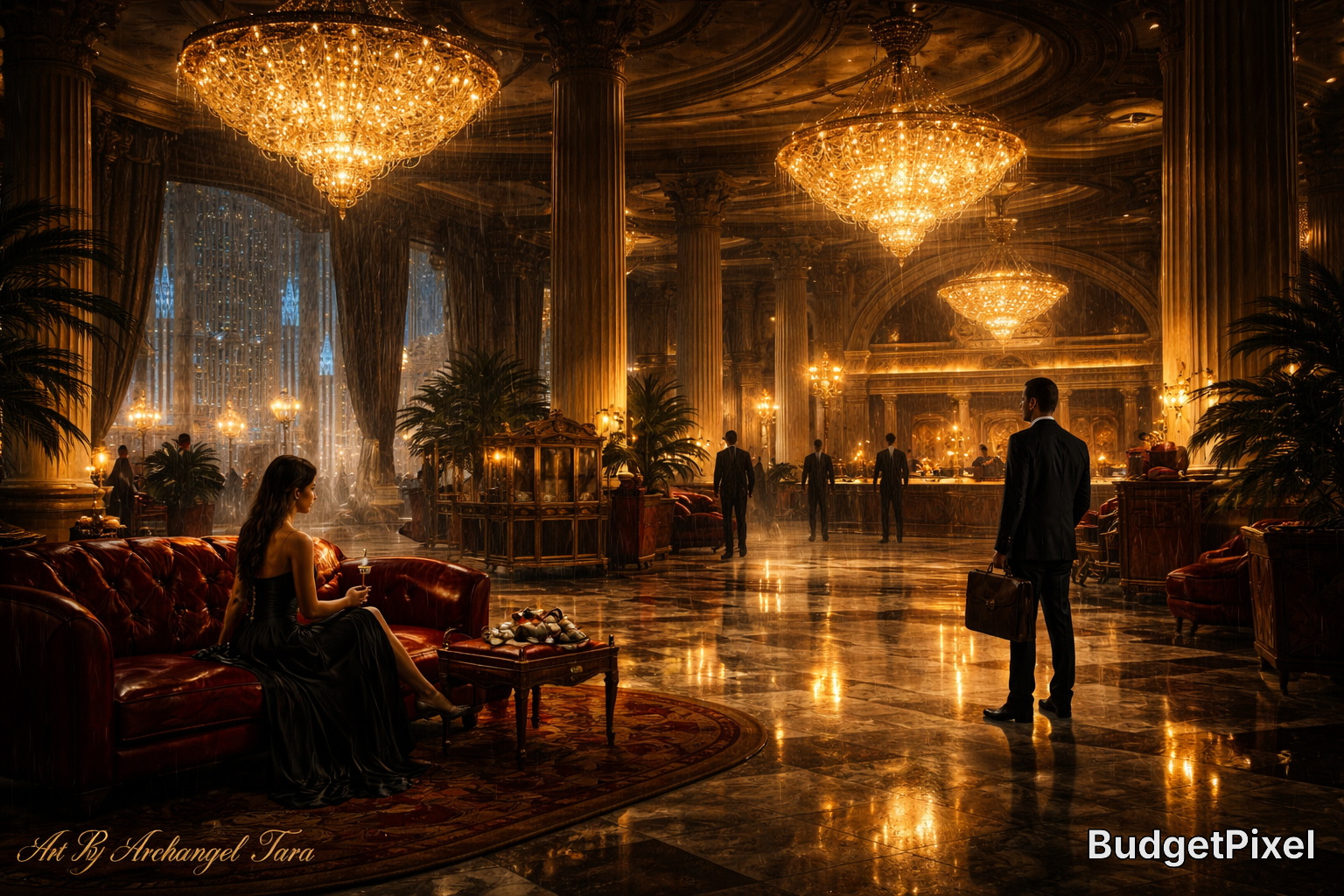 Elegant hotel lobby with grand chandeliers, marble floors, and formally dressed guests in a luxurious, amber-lit setting.