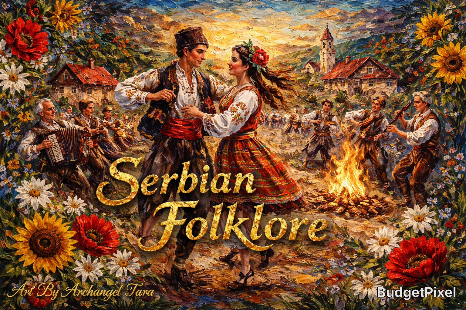 Serbian folklore scene with dancing couple, musicians, and a campfire amid colorful flowers