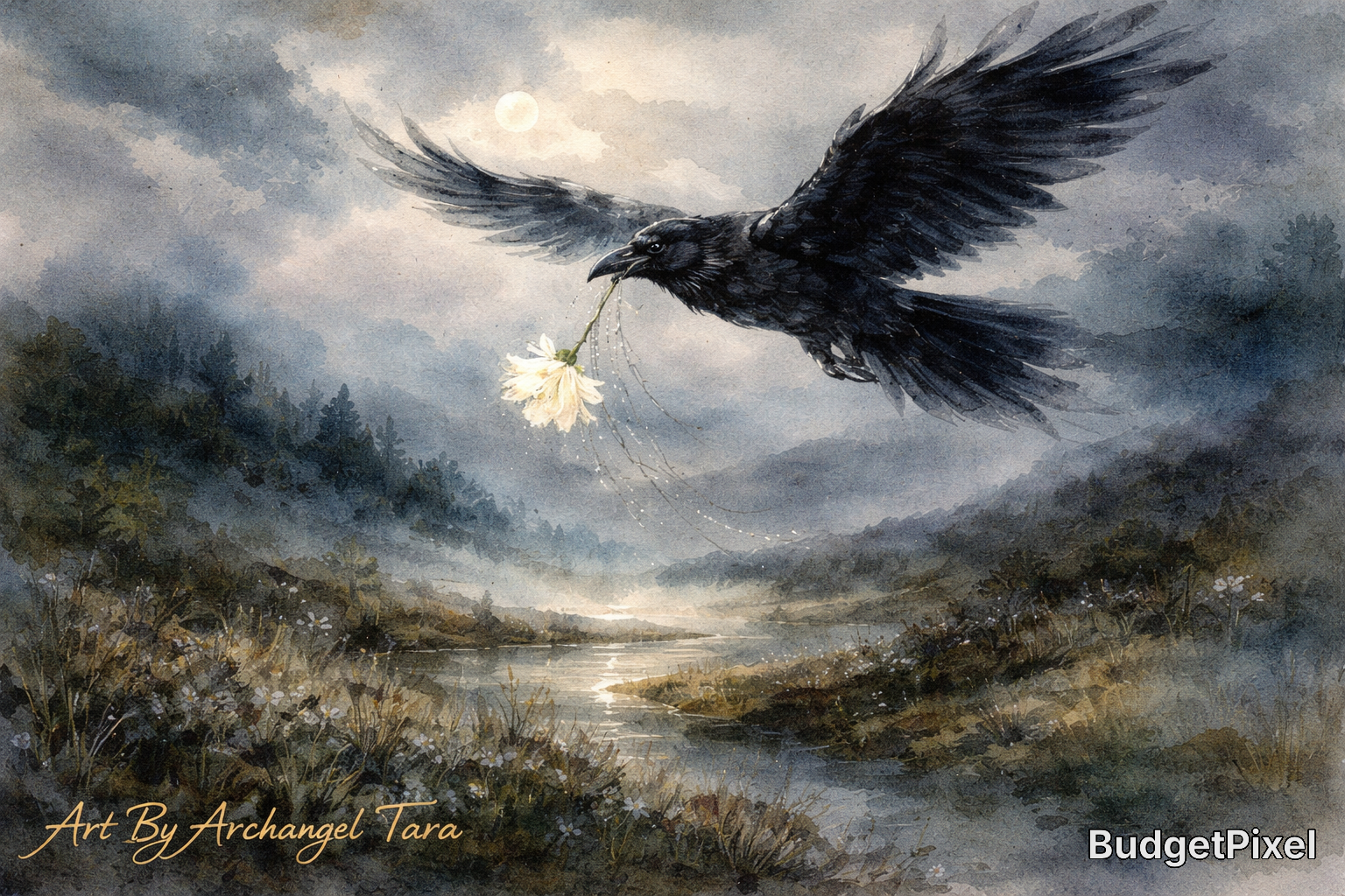 A black raven in flight over a misty lakeside landscape, holding a white flower.