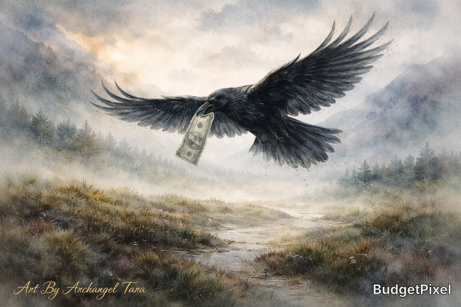 Dark raven in flight carrying a dollar bill over a misty, moody landscape.