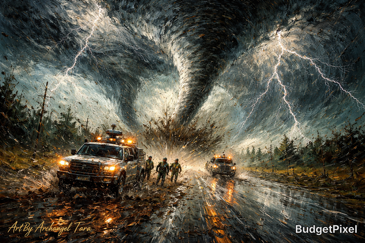 Tornadoes on a rain-soaked highway with emergency vehicles and responders.