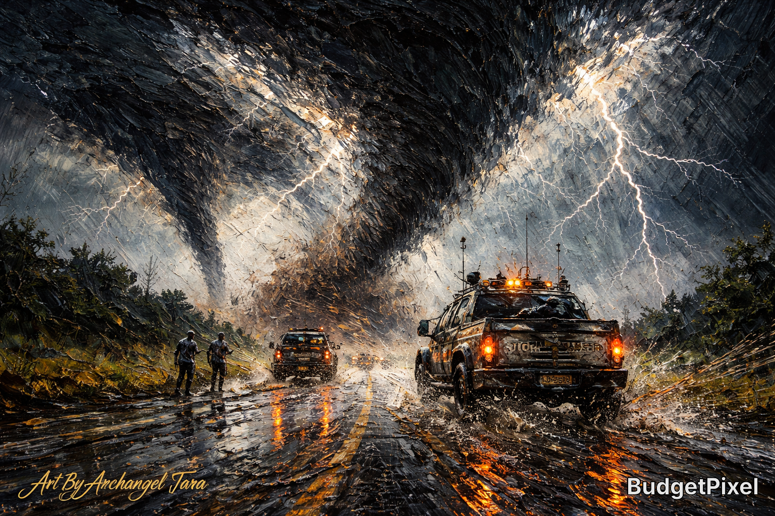 Vehicles on a flooded highway as a massive tornado and lightning strike overhead in a dramatic storm.
