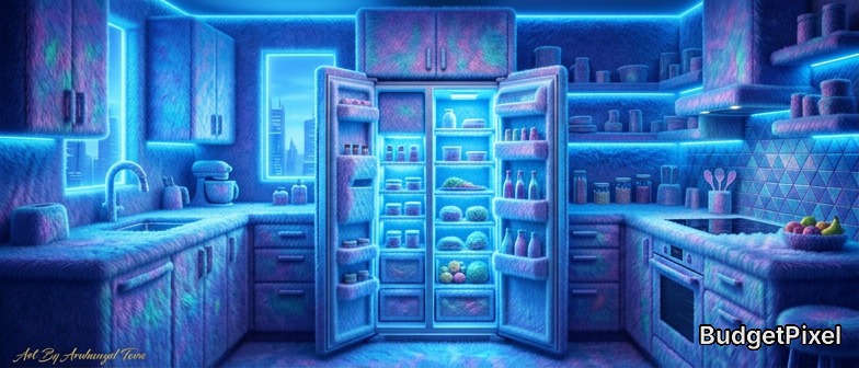 Neon blue futuristic kitchen with an open, well-stocked refrigerator and glowing cabinets.
