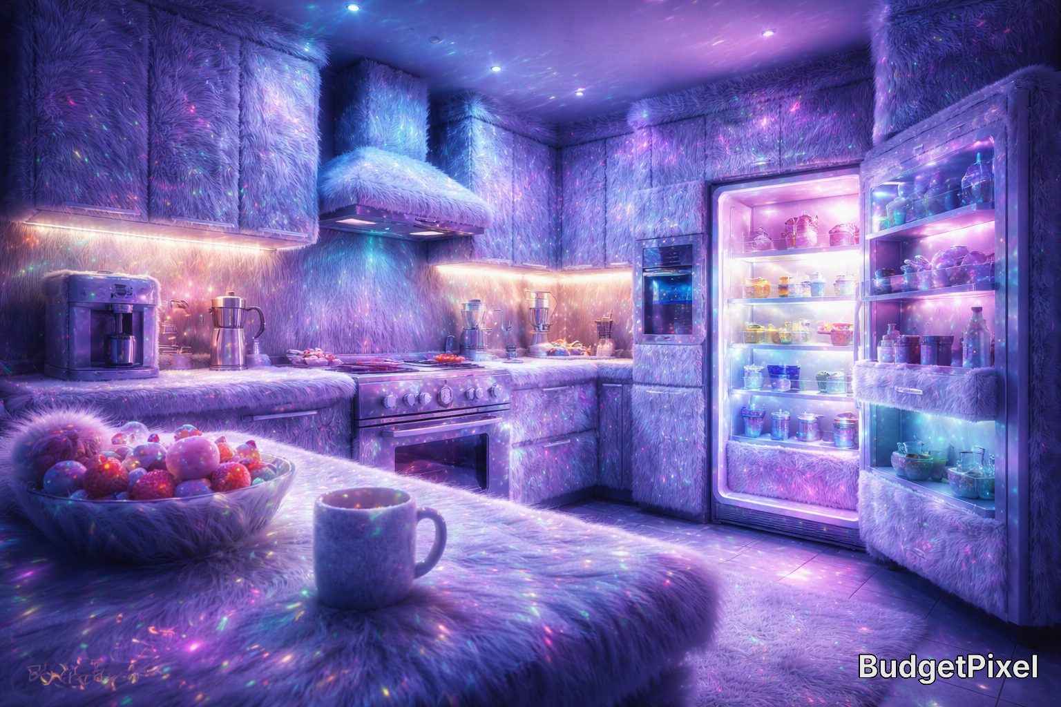 Futuristic kitchen with fur-textured surfaces and multicolor neon lighting.