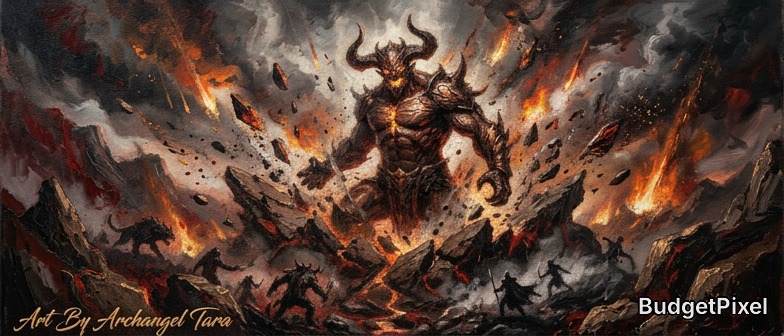 Fiery battle scene with a horned demon rising amid lava and crumbling rocks.