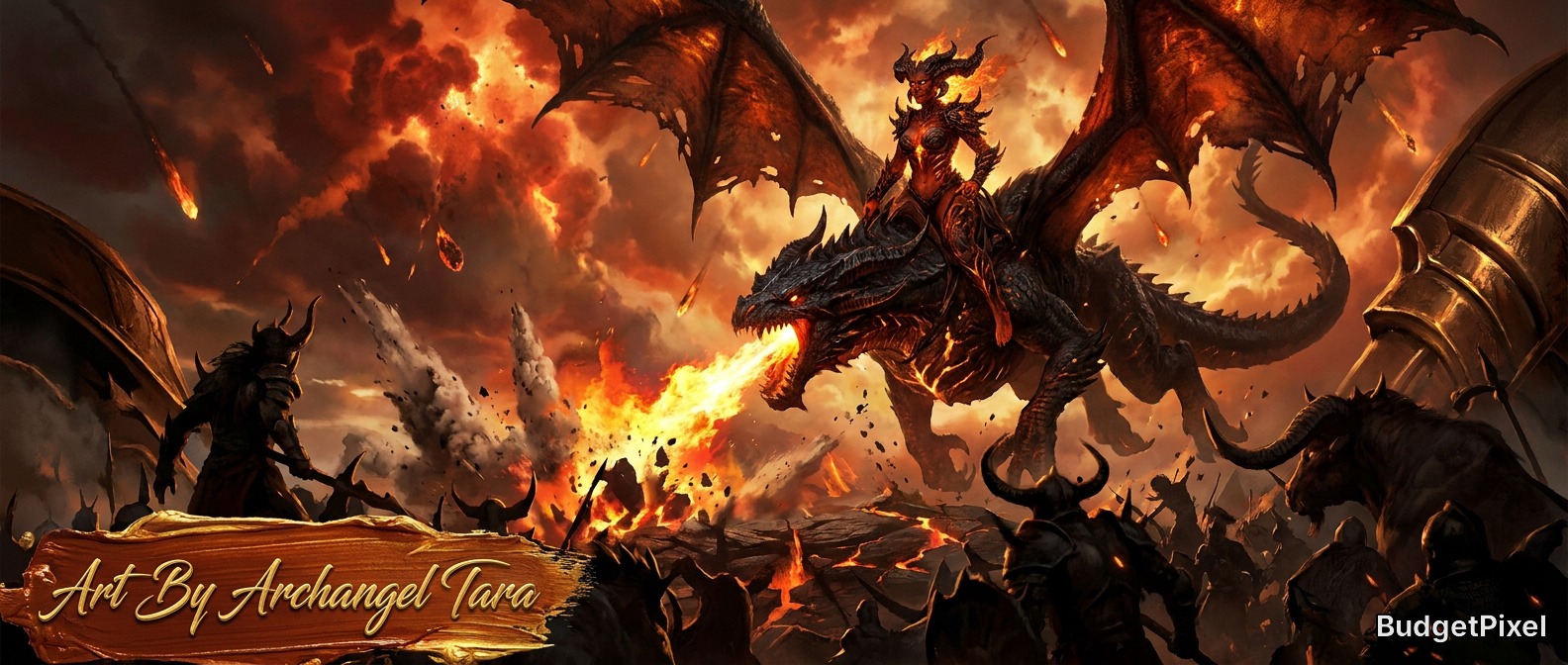 Epic dark fantasy battle scene with a dragon rider amid fiery skies and armored warriors.