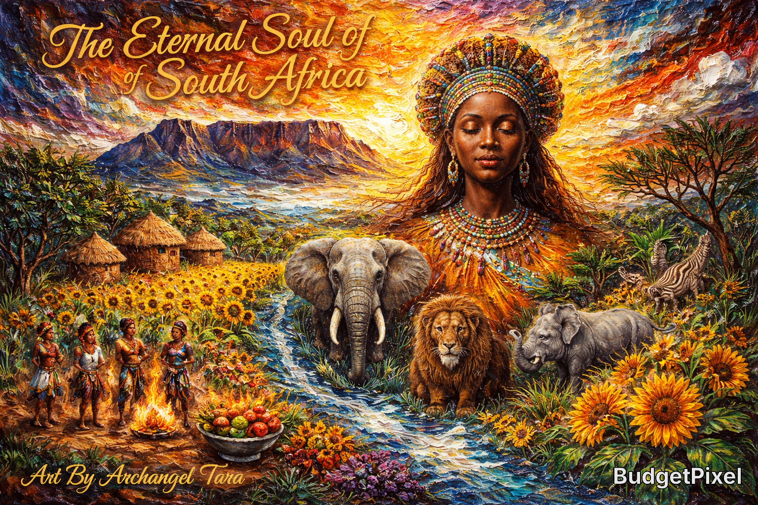 Vibrant painting featuring an African woman with beaded headdress overlooking a savanna with elephants, lions, and sunflow...