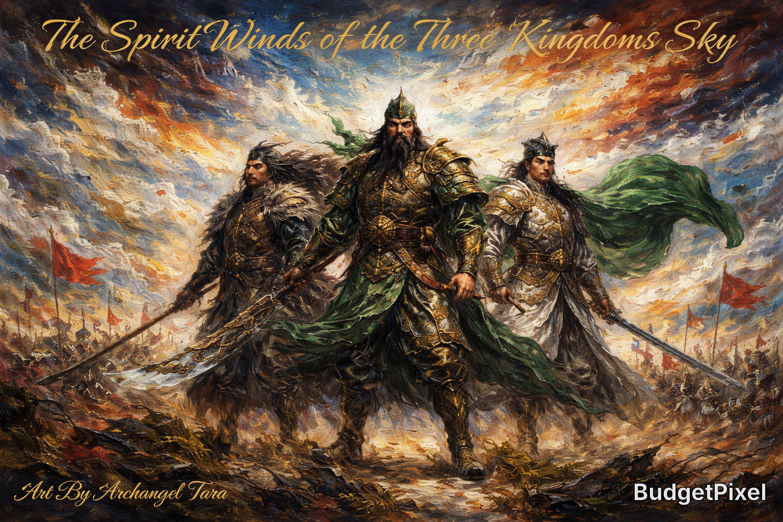 Three armored warriors stand boldly on a battlefield beneath a stormy, colorful sky.