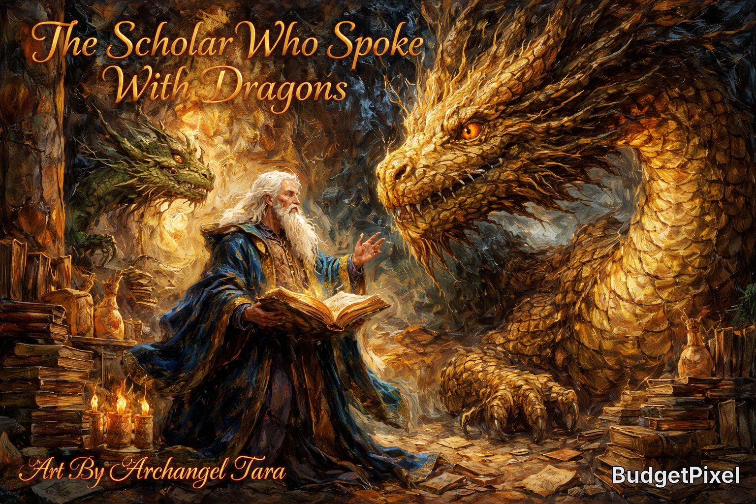 Old wizard reading a glowing book beside a golden dragon in a fantasy cavern.