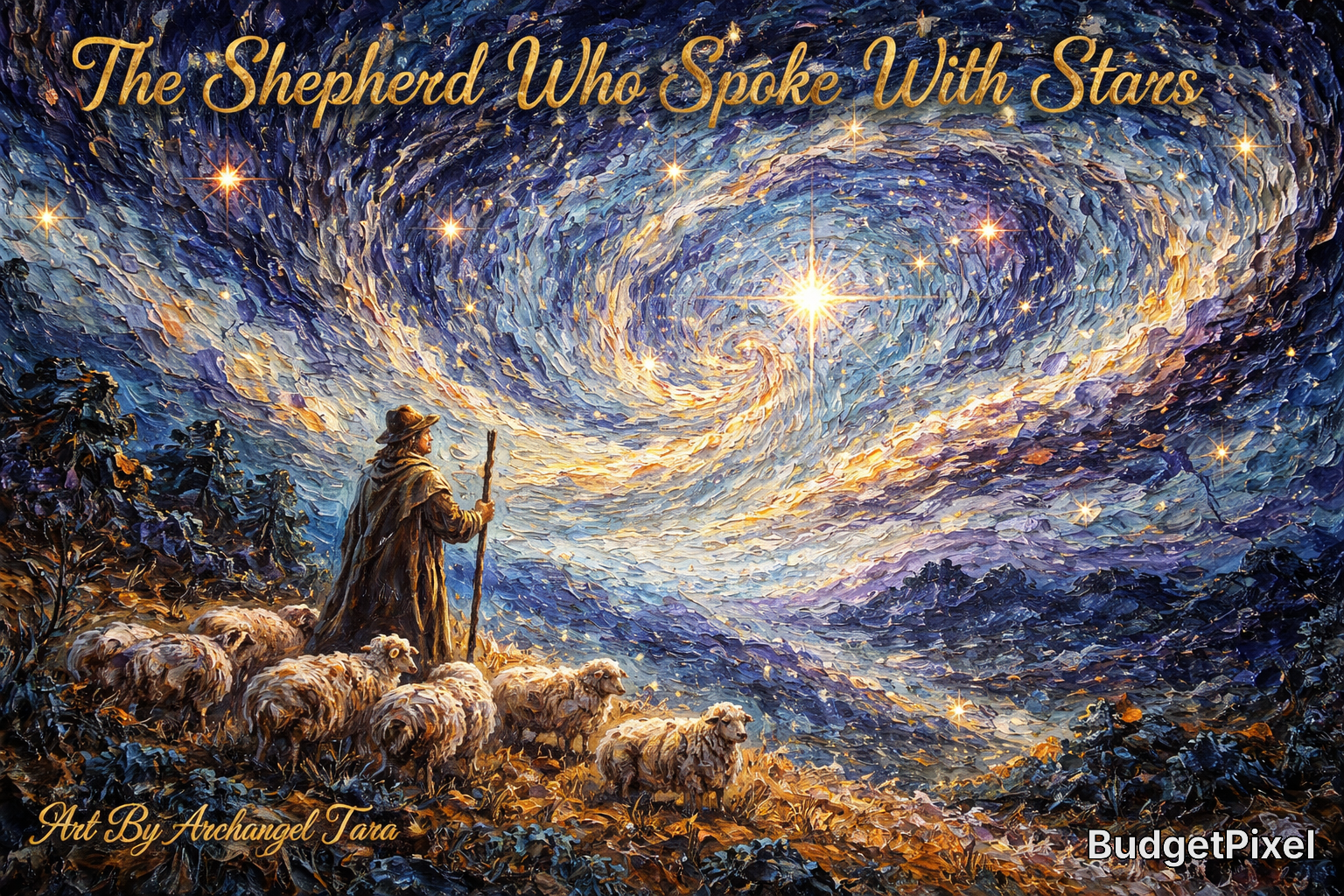 A shepherd with a staff leading a flock beneath a swirling, star-filled night sky in a fantasy painting.