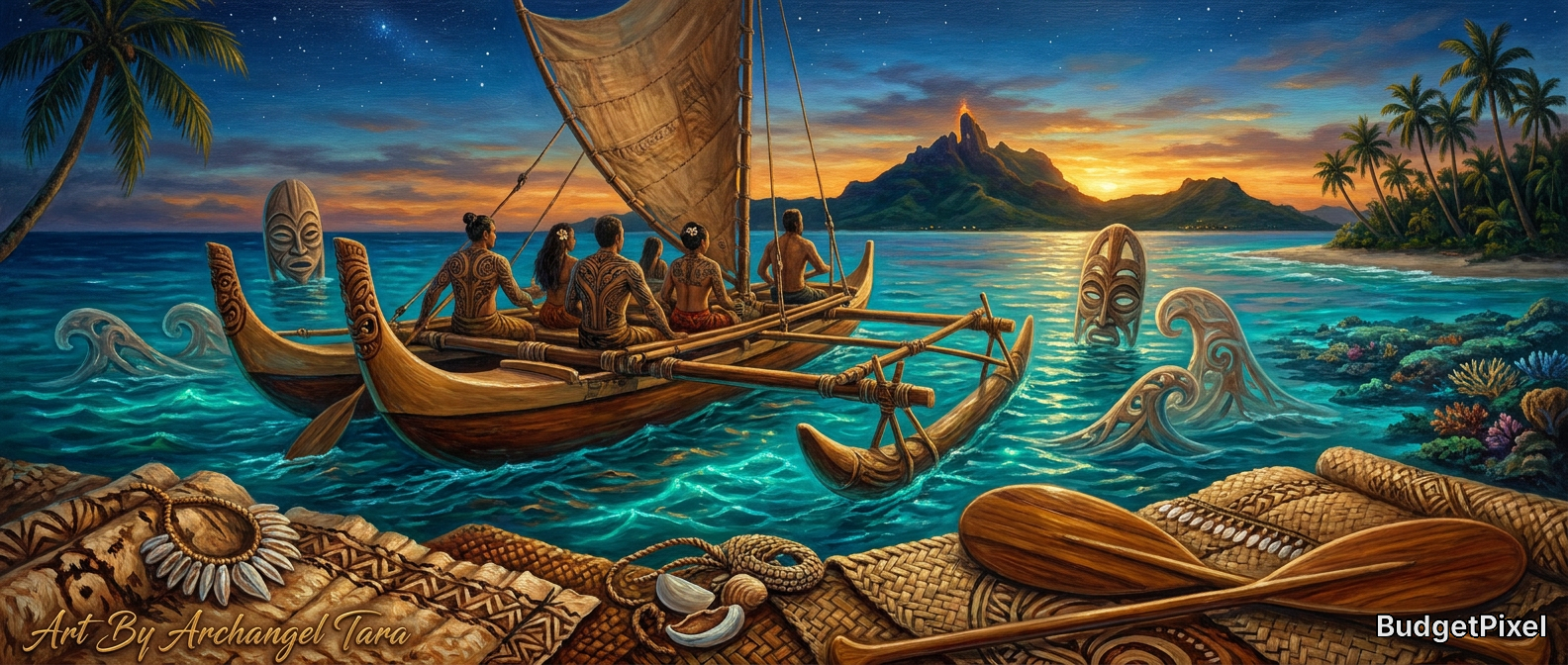 Polynesian outrigger canoe at sunset with explorers near a tropical island and stylized sea monsters rising from the water.