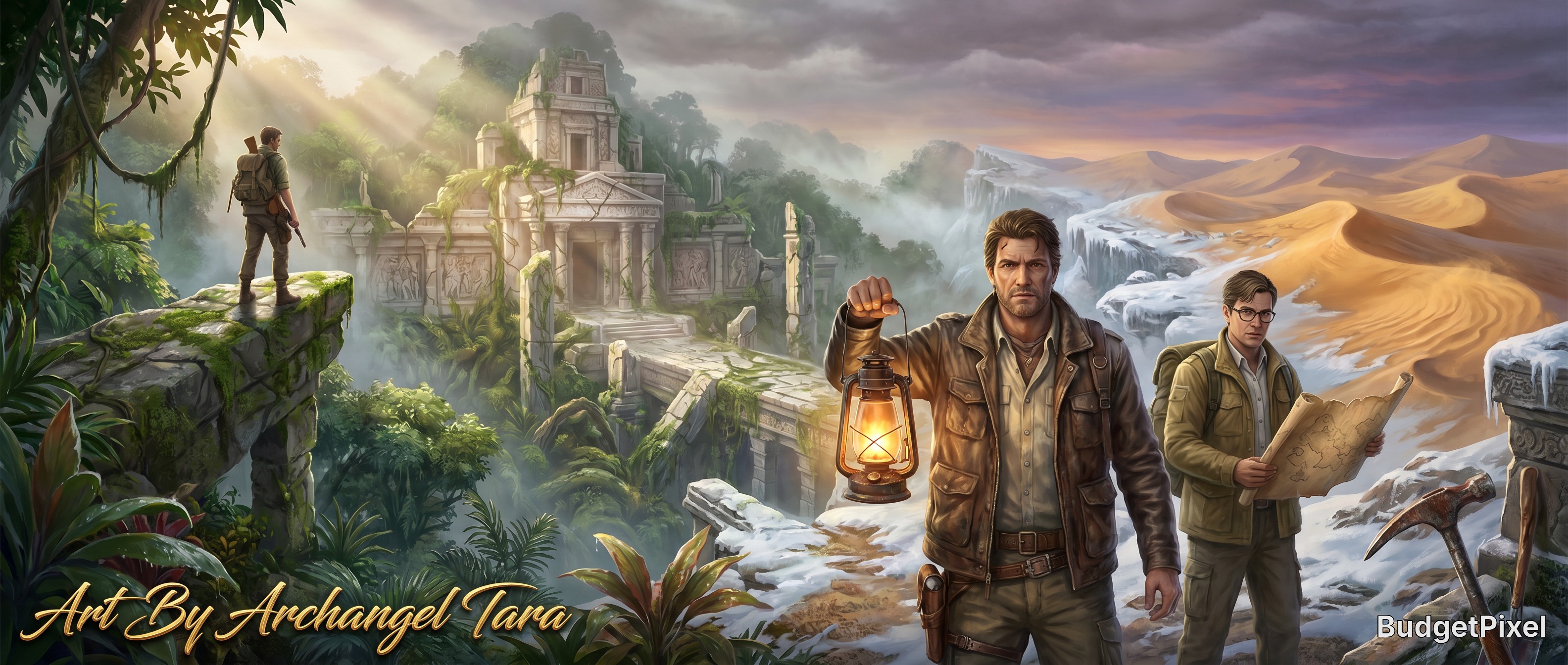 Adventure scene with explorers near ancient temple ruins between jungle and desert, one man holding a lantern.