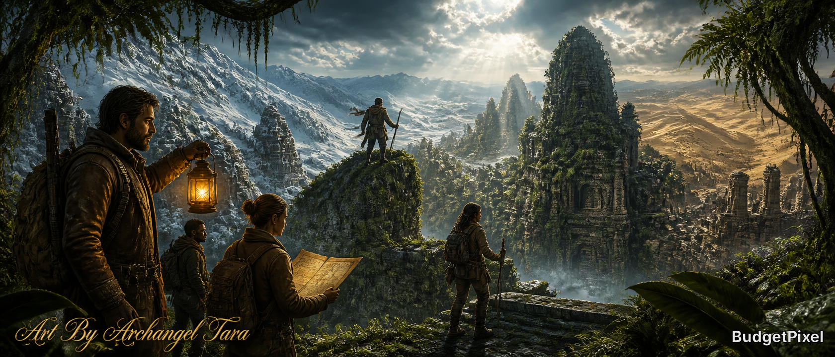 Adventure scene with explorers in a lush jungle around ancient ruined towers at sunset.