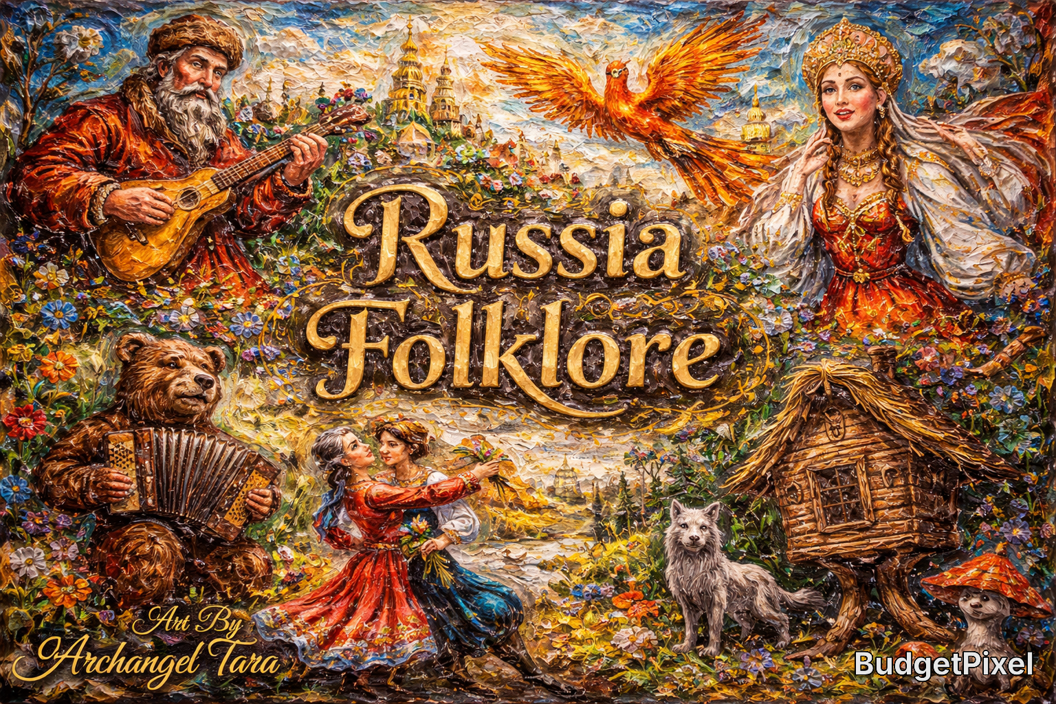 Vibrant Russia folklore mural with dancers, musicians, animals, and a woman in traditional dress.