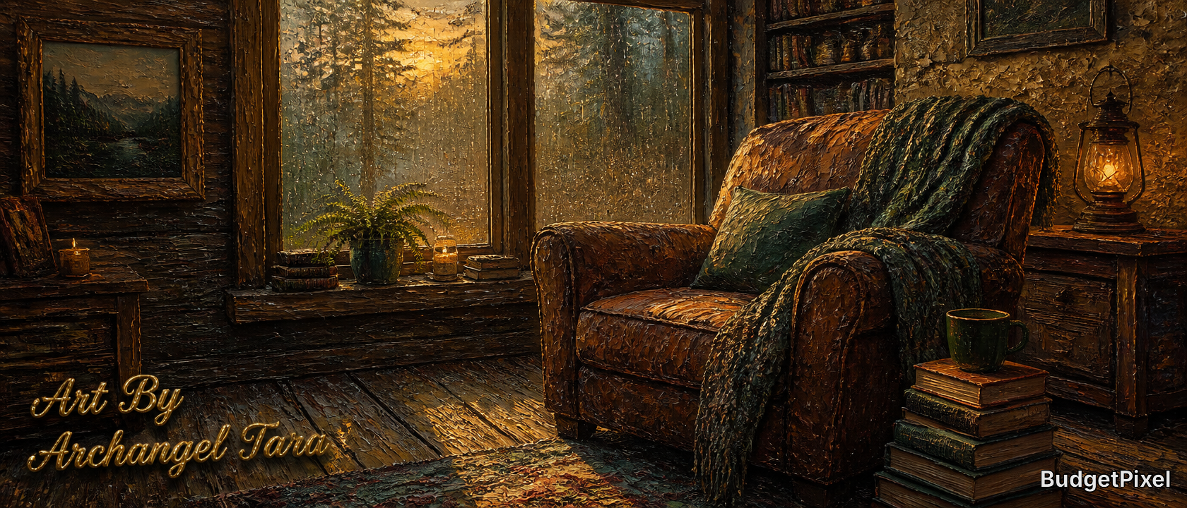 Cozy rustic living room with a brown leather armchair, knit throw, stacked books, lantern, and large window overlooking a ...