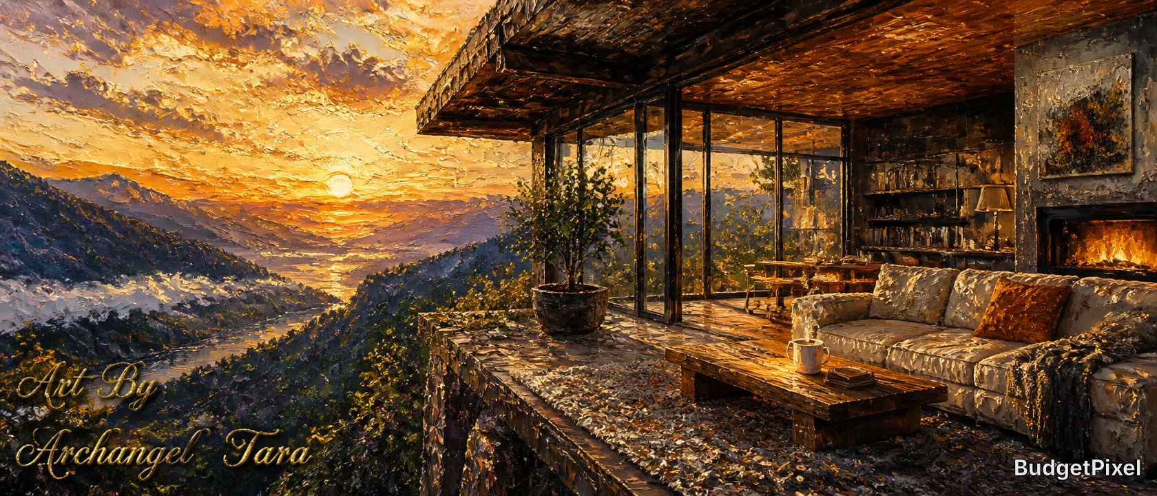 Luxurious cliffside lounge with glass walls, fireplace, and sunset over mountains.