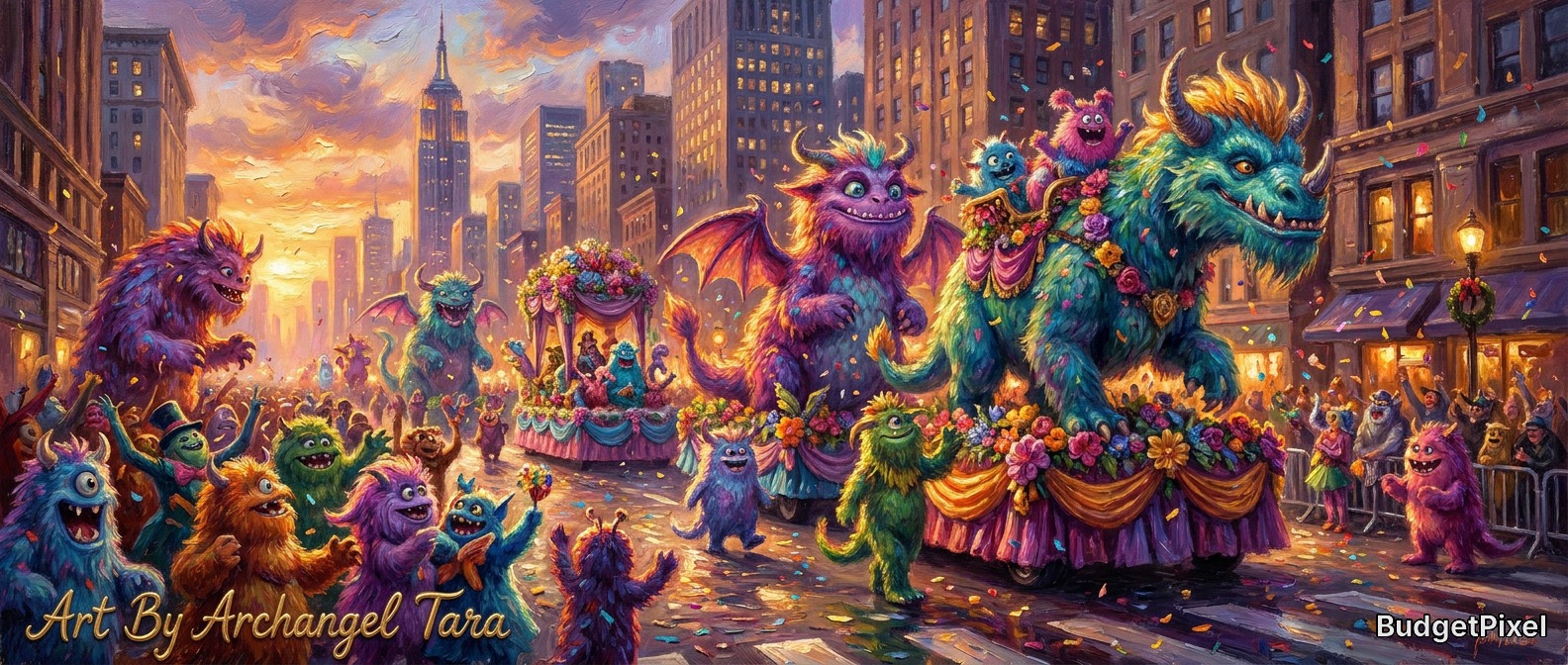 Colorful fantasy parade with whimsical monsters marching through a vibrant city street at sunset