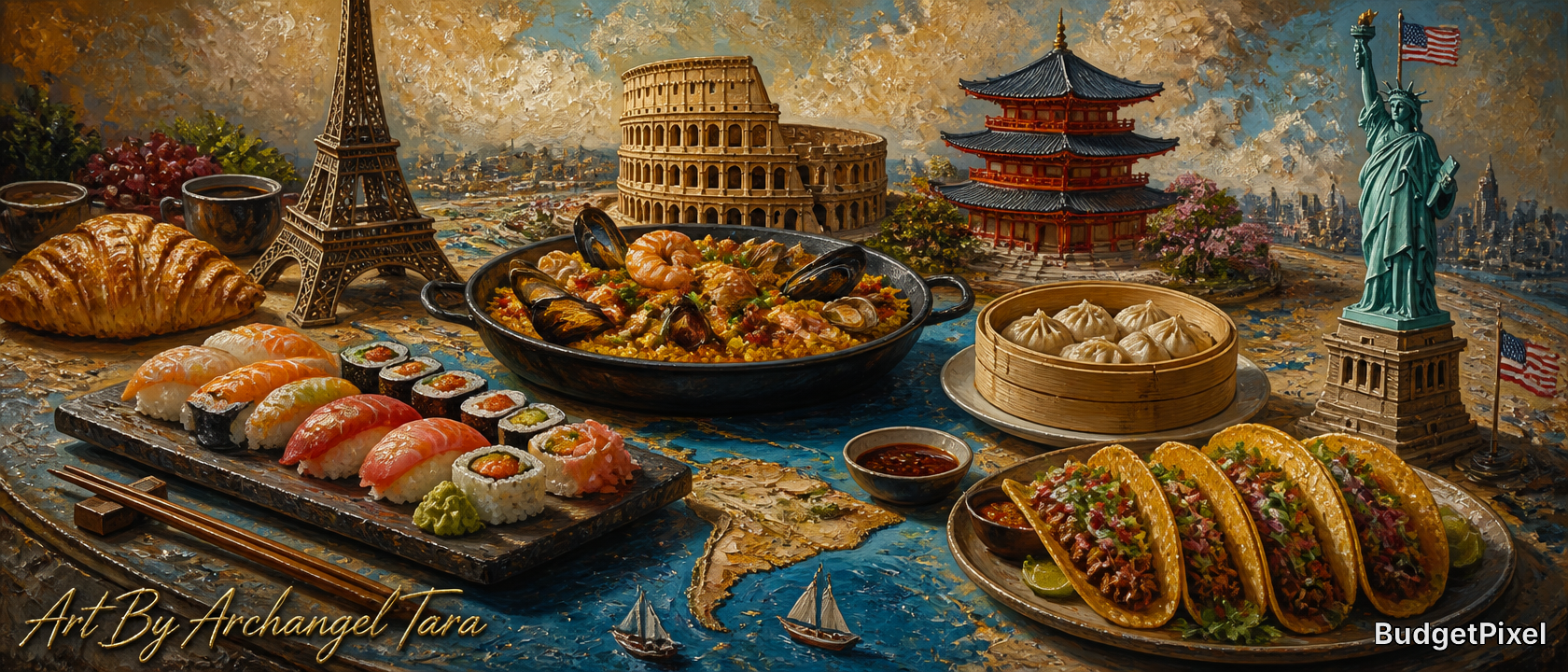 Painted collage showing global landmarks with an oversized feast: sushi, tacos, dumplings, croissant and more.