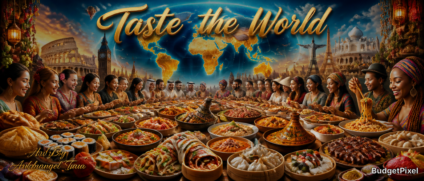 Diverse people at a long banquet table with global dishes and a world map backdrop under the "Taste the World" header.