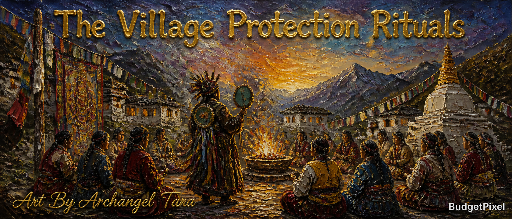 Illustrative painting of villagers gathered around a central fire for protection rituals at dusk.