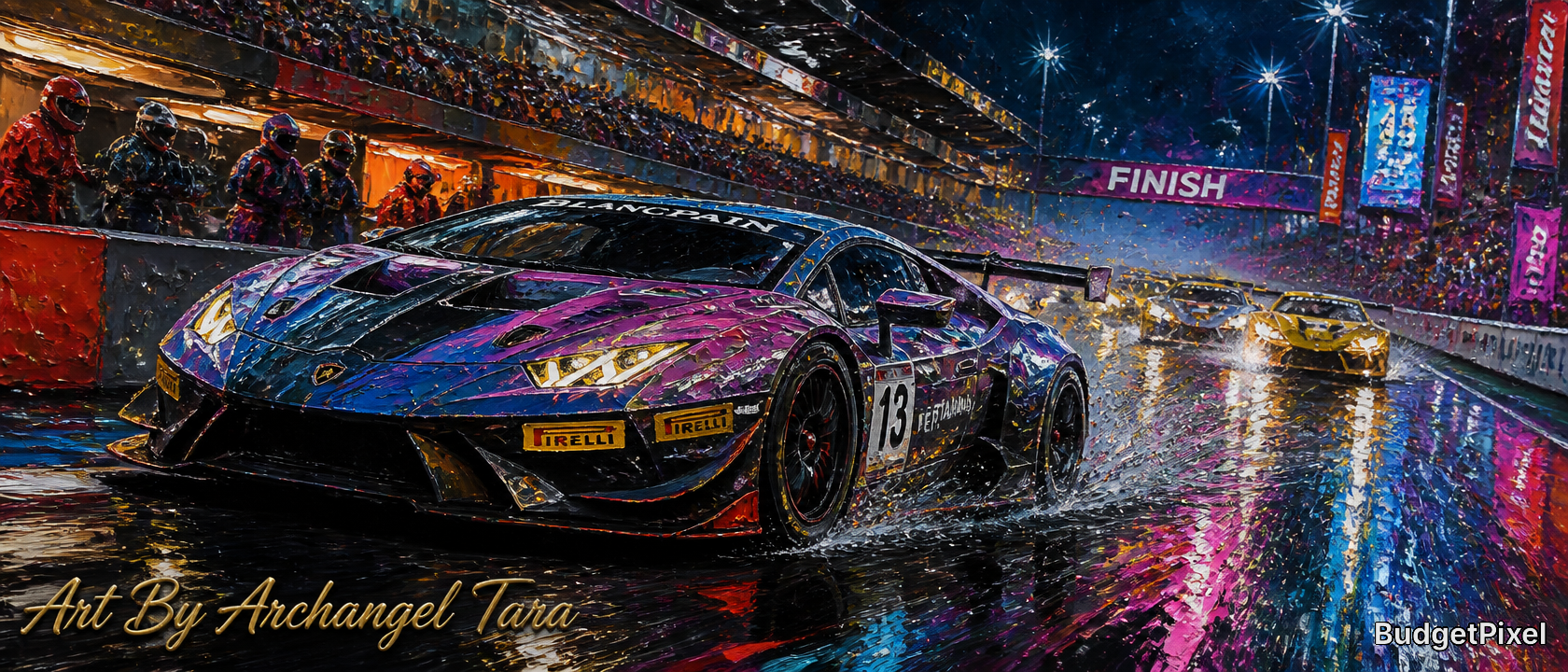 Colorful race car on a wet night track near the finish line with neon reflections.