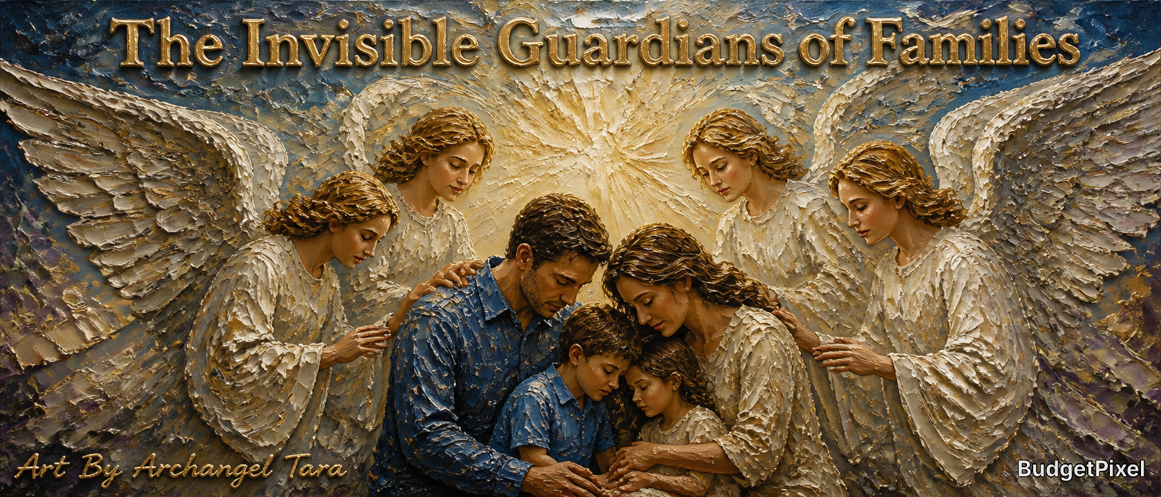 Relief sculpture of angels surrounding a caring family in a warm, protective embrace.