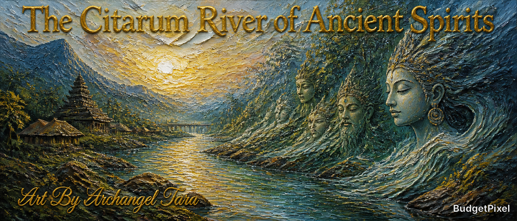 Surreal painting of the Citarum River with ancient temple, mountains, and large faces rising from the water at sunset.