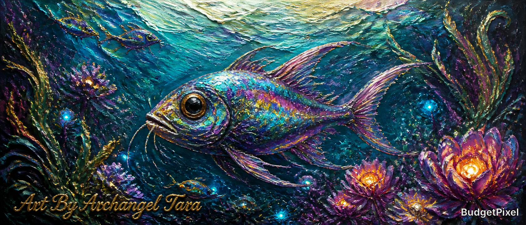Vibrant underwater fantasy painting of a colorful fish among glowing corals and sea plants.
