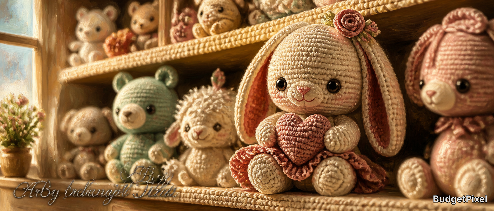 Crocheted stuffed bunnies and bears on a warm wooden shelf with soft lighting