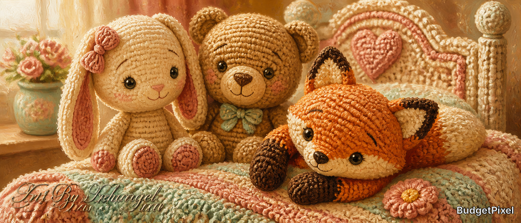 A trio of crocheted amigurumi stuffed animals (bunny, bear, fox) sit on a pastel knitted bedspread.