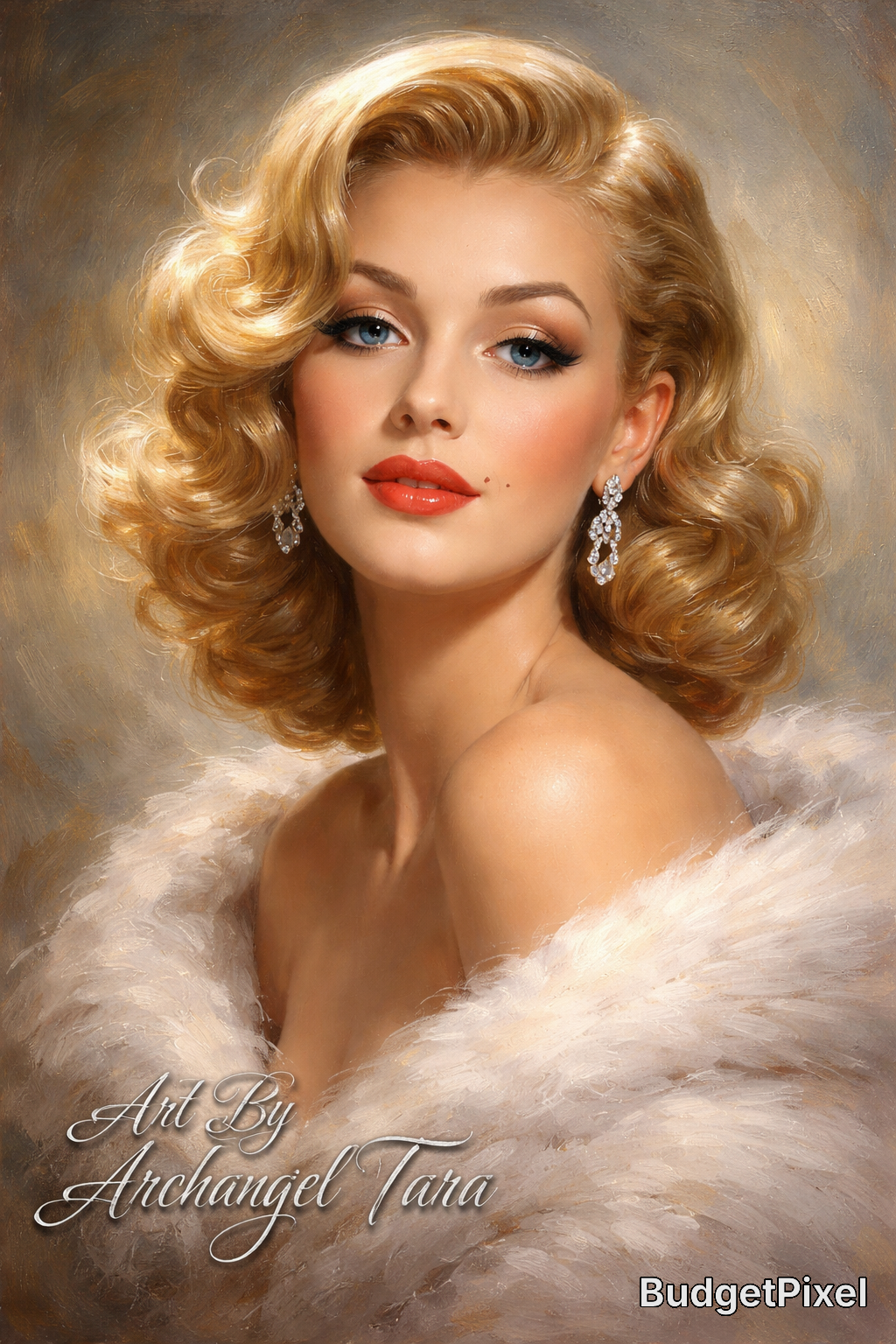Glamorous vintage portrait of a blonde woman with wavy hair, fur stole, and diamond earrings.