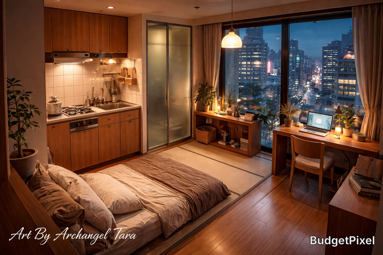 Cozy urban studio with low bed, compact kitchenette, and large city-view window at night.