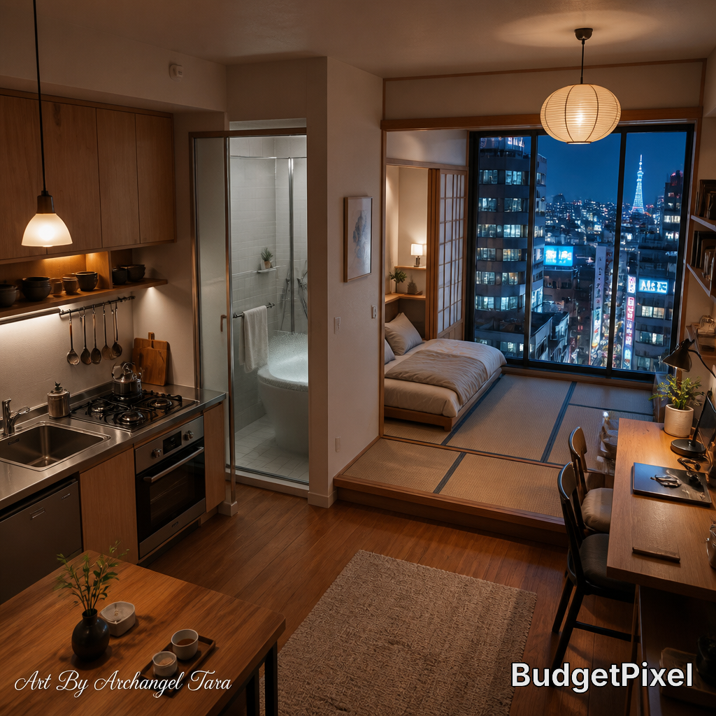 Cozy urban studio with kitchen, glass bathroom, and tatami sleeping area overlooking a city skyline at night.
