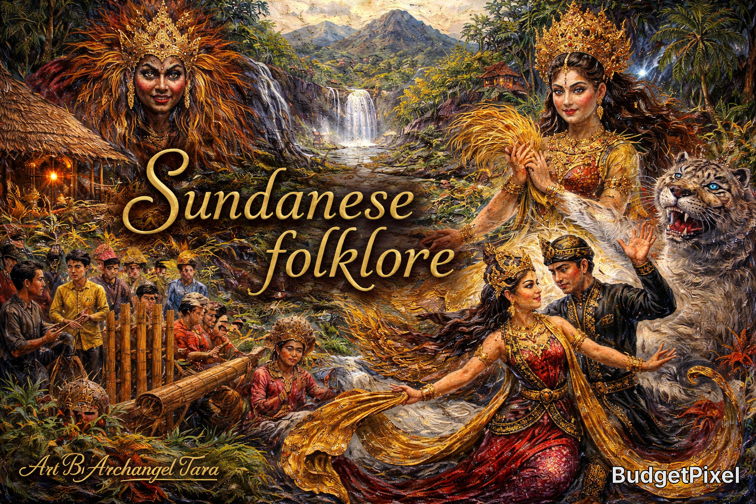Colorful Sundanese folklore scene with dancers in traditional dress, lush jungle, and mythical elements.
