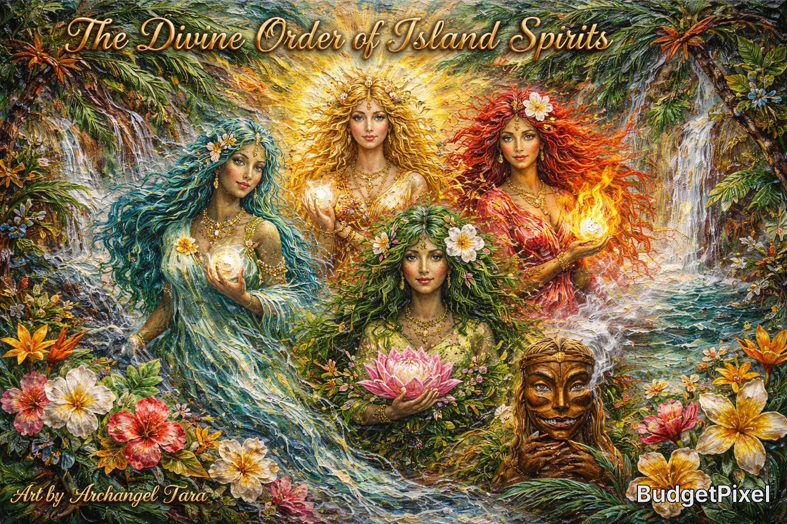 Four island spirit goddesses with colorful hair and flowers in a lush tropical waterfall scene.